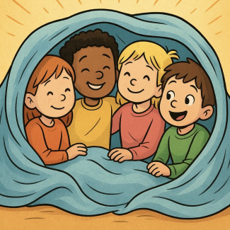 Vier Kinder wärmen sich unter einer Decke